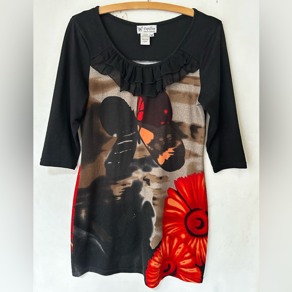Papillon Y2K Tunic Black, Red Orange Floral Butterfly Print Ruffle Neck. Size M.
